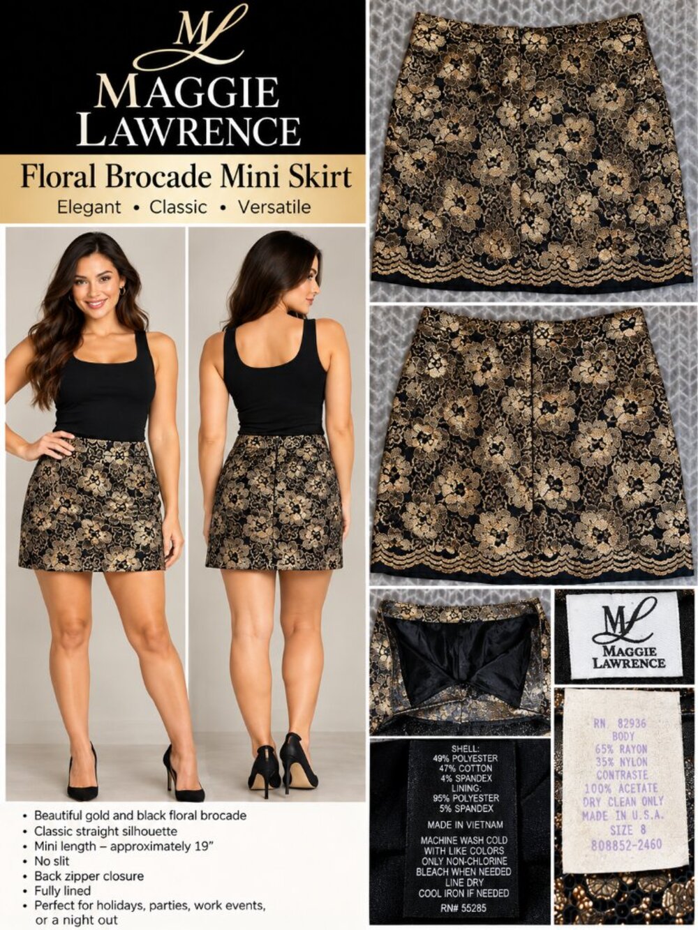 Maggie Lawrence Vintage Gold Black Metallic Lined Lace Pencil Skirt Size 8 USA